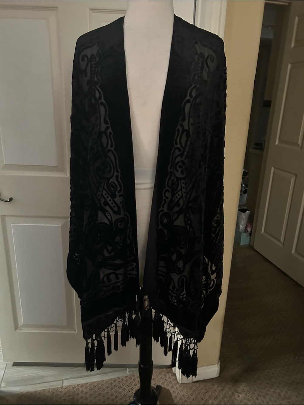 Sheer Black Velvet Burnout Kimono with Fringe - Picture 2 of 2